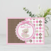 Invitation Baby shower de la petite fille de l'ours en peluch (Debout devant)