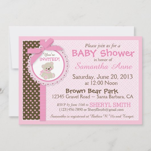 Invitation Baby shower de la petite fille de l'ours en peluch (Dos)