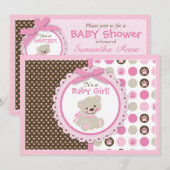 Invitation Baby shower de la petite fille de l'ours en peluch (Devant / Derrière)