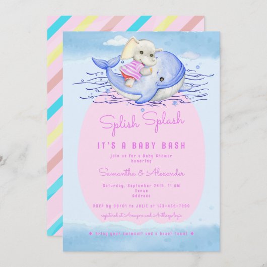 Invitation Baby shower de la piscine de l'éléphant rose de la (Devant / Derrière)