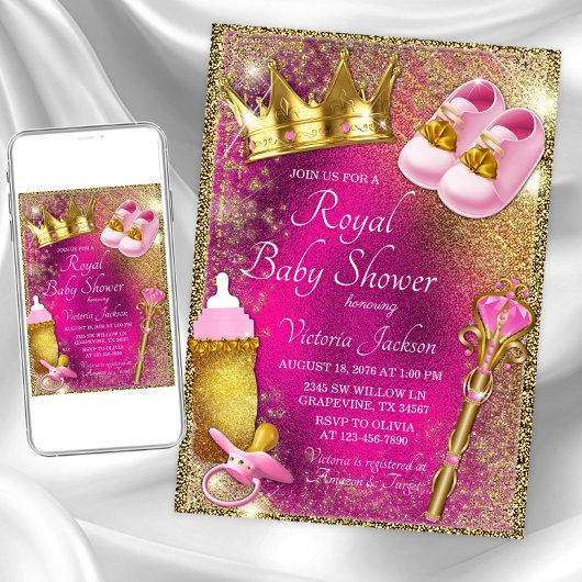 Invitation Baby shower de la princesse d'or rose
