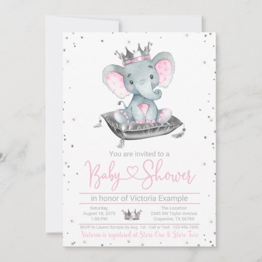 Invitation Baby shower de la princesse Eléphante f (Devant)