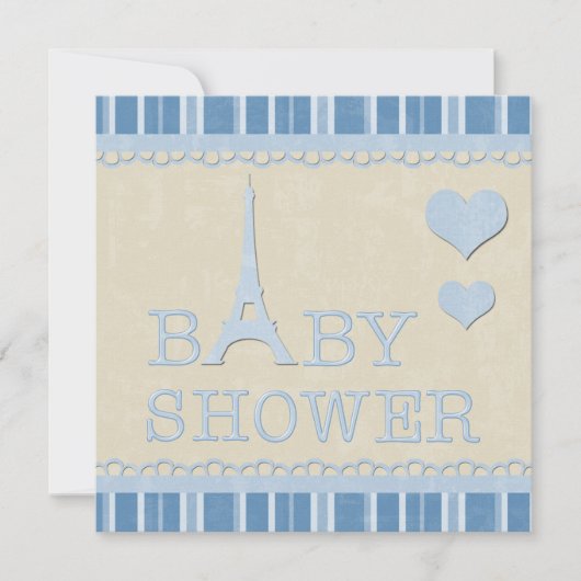Invitation Baby shower de la Tour Eiffel et des Coeurs Bleus (Devant)