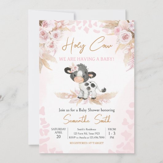 Invitation Baby shower de la vache rose (Devant)