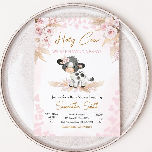 Invitation Baby shower de la vache rose