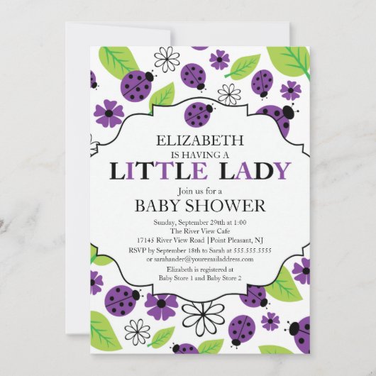 Invitation Baby shower de Ladybug violet de la petite dame mo (Devant)