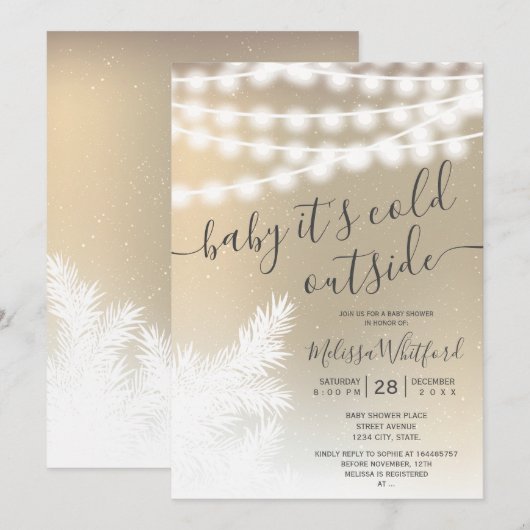 Invitation Baby shower de lampes à cordes de pin d'or (Devant / Derrière)