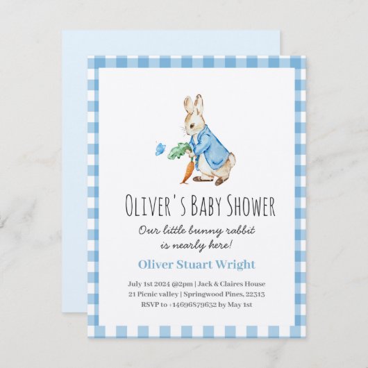 Invitation Baby shower de lapin bleu peter mignon (Devant / Derrière)