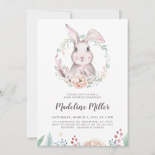Invitation Baby shower de lapin d'aquarelle douce (Devant)