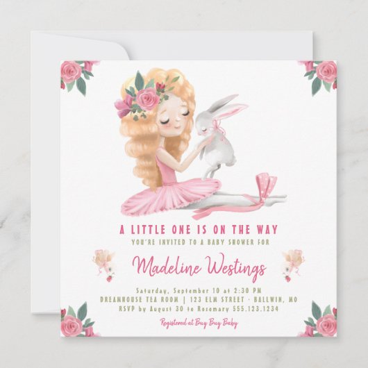 Invitation Baby shower de lapin de ballerine (Devant)