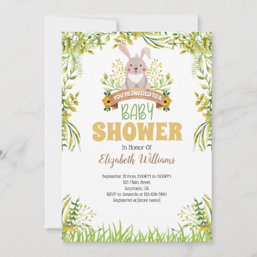 Invitation Baby shower de lapin de bois (Devant)