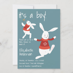 Invitation Baby shower de lapin d'hiver Garçons Bleu Rouge Mo