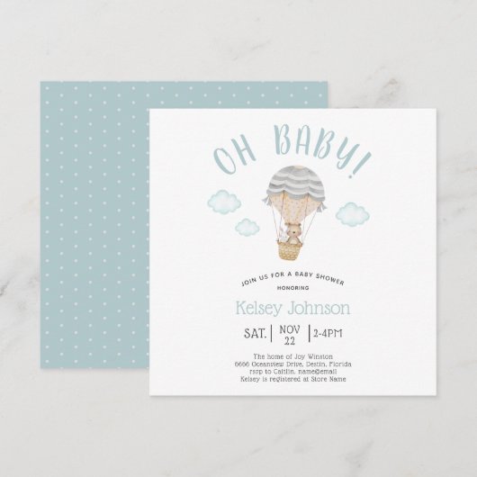 Invitation Baby shower de lapin d'ours en peluche bleu (Devant / Derrière)