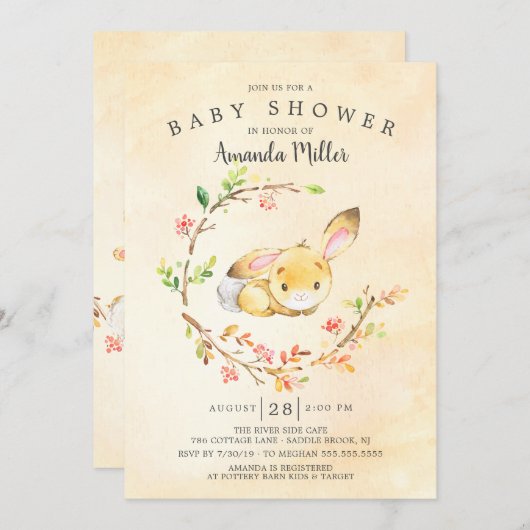 Invitation Baby shower de lapin doux (Devant / Derrière)