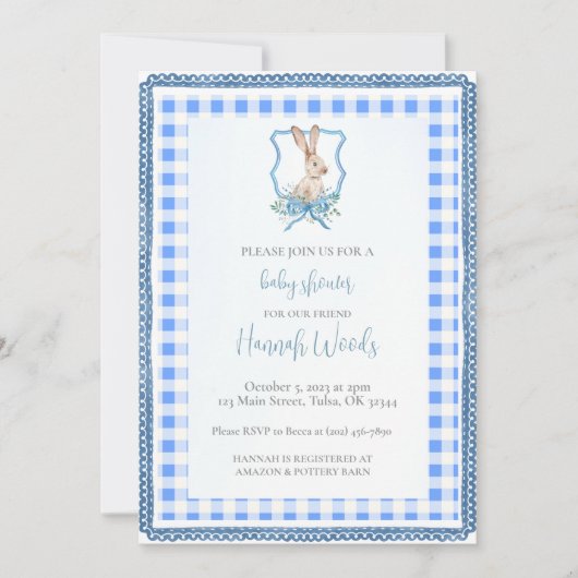 Invitation Baby shower de lapin En vichy Preppy (Devant)