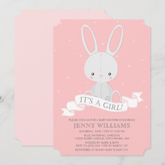 Invitation Baby shower de lapin farci lapin fille (Devant / Derrière)