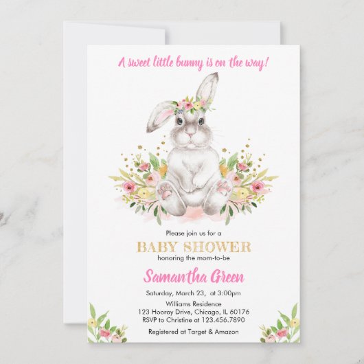 Invitation Baby shower de lapin floral (Devant)