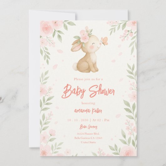 Invitation Baby shower de Lapin Floral (Devant)