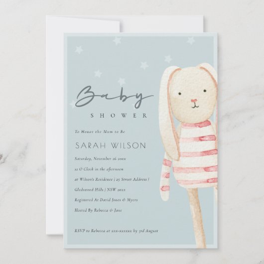 Invitation Baby shower de lapin gris rose (Devant)