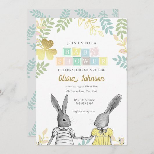 Invitation Baby shower de lapin rustique neutre pour les femm (Devant / Derrière)