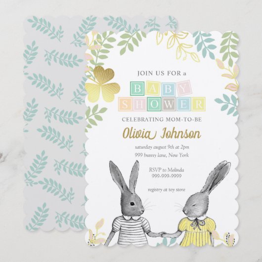 Invitation Baby shower de lapin rustique neutre pour les femm (Devant / Derrière)