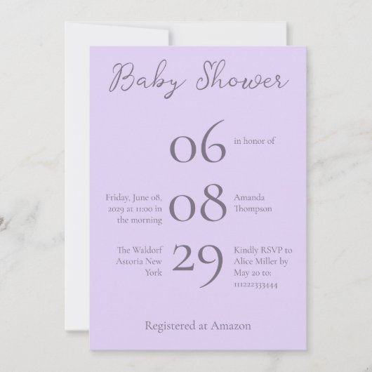 Invitation Baby shower de lavande minimaliste simple Monogram (Devant)