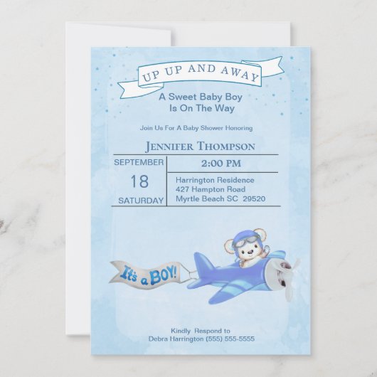 Invitation Baby shower de l'avion de l'ours de gar (Devant)