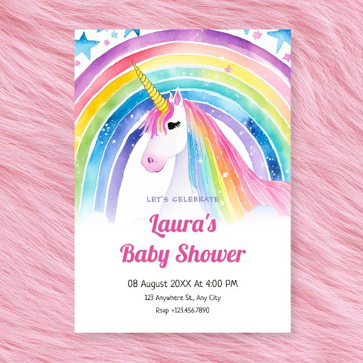 Invitation Baby shower de licorne aquarelle