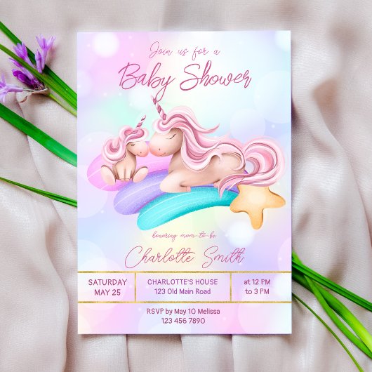 Invitation baby shower de licorne arc-en-ciel magi