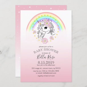 Invitation Baby shower de licorne arc-en-ciel rose