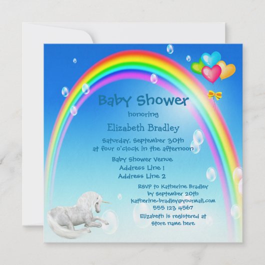 Invitation Baby shower de licorne, d'arc-en-ciel et de bulles (Devant)