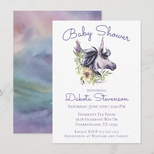 Invitation Baby shower de licorne magique | Aquarelle moderne (Devant / Derrière)