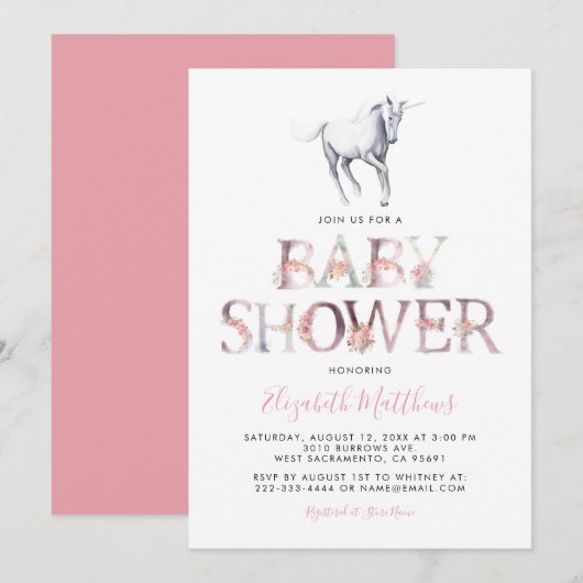 Invitation Baby shower de licorne magique | Fille Florale ros (Devant / Derrière)