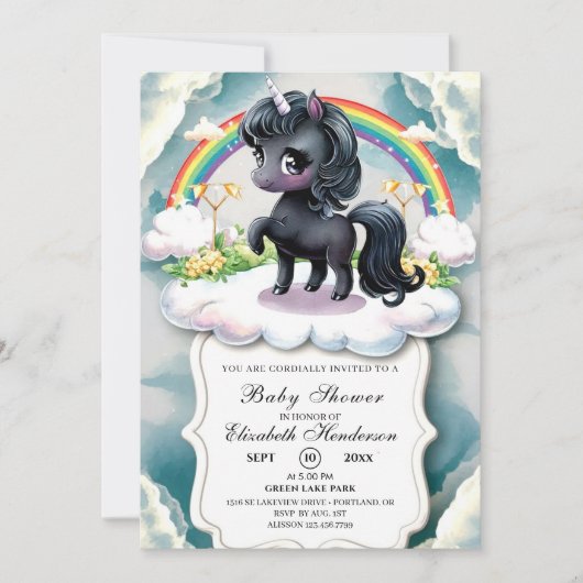 Invitation Baby shower de licorne noir lunaire (Devant)