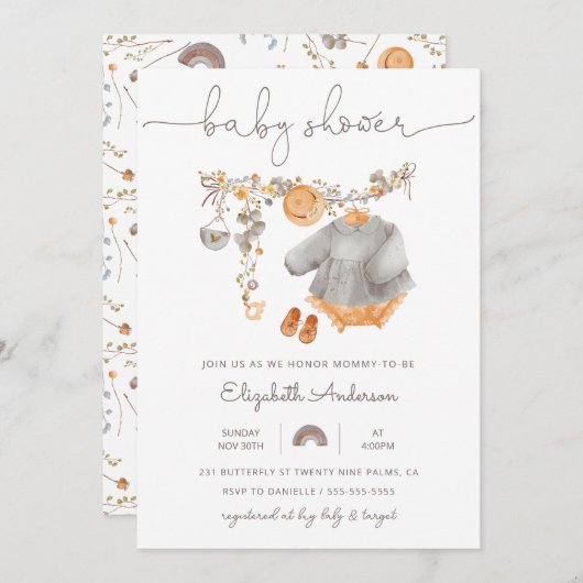 Invitation Baby shower de ligne de linge de bébé (Devant / Derrière)