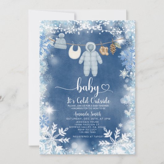 Invitation Baby shower de ligne de vêtements Blue Snowflakes (Devant)