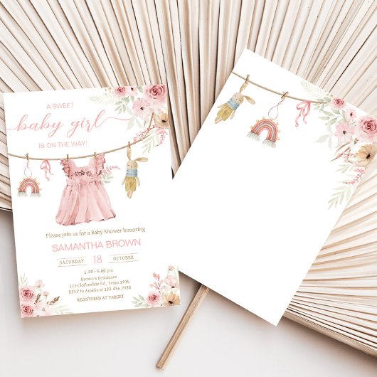 Invitation Baby shower de ligne de vêtements Boho rose