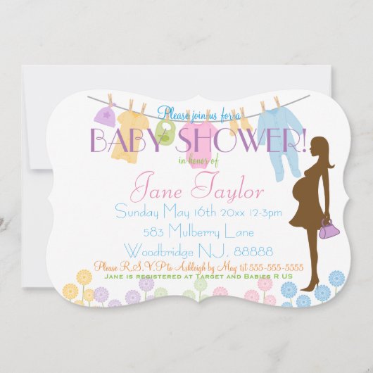 Invitation Baby shower de linge de bébé et de silhouette (Devant)