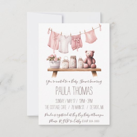 Invitation Baby shower de linge de bébé pour fille (Devant)