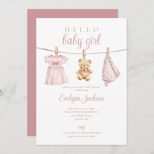 Invitation Baby shower de linge mignon rose fille (Devant / Derrière)