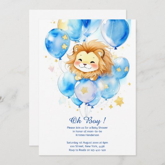 Invitation Baby shower de Lion aquarelle (Devant / Derrière)