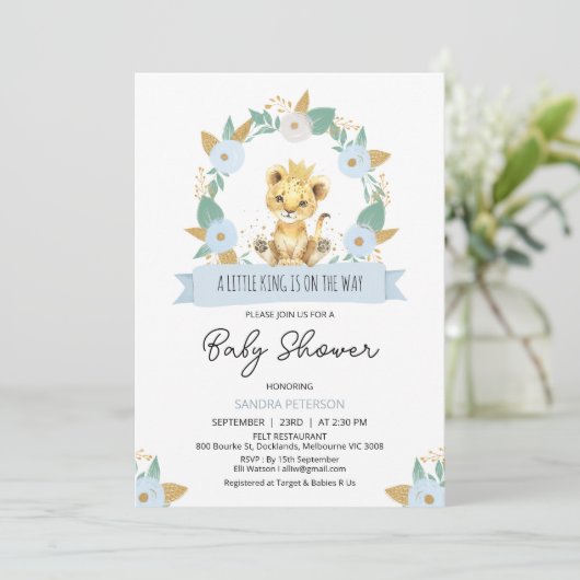 Invitation Baby shower de Lion bleu fleuri pour bébé (Debout devant)