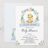 Invitation Baby shower de Lion bleu fleuri pour bébé (Devant / Derrière)