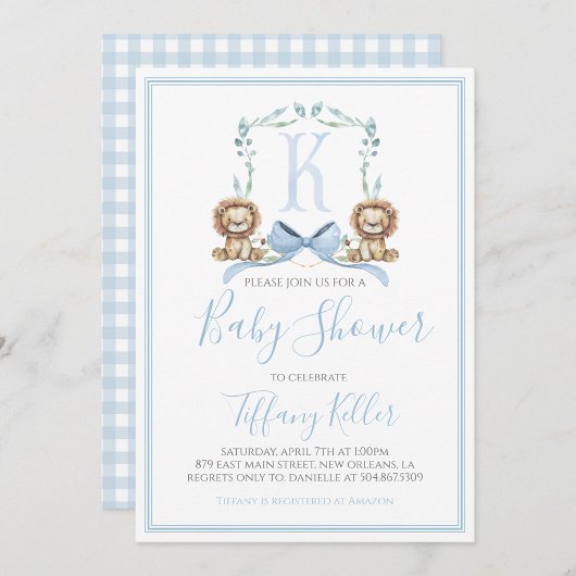 Invitation Baby shower de Lion garçon bleu sud Preppy