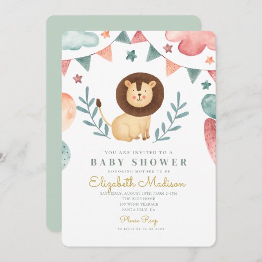 Invitation Baby shower de lions mignons d'aquarelle (Devant / Derrière)