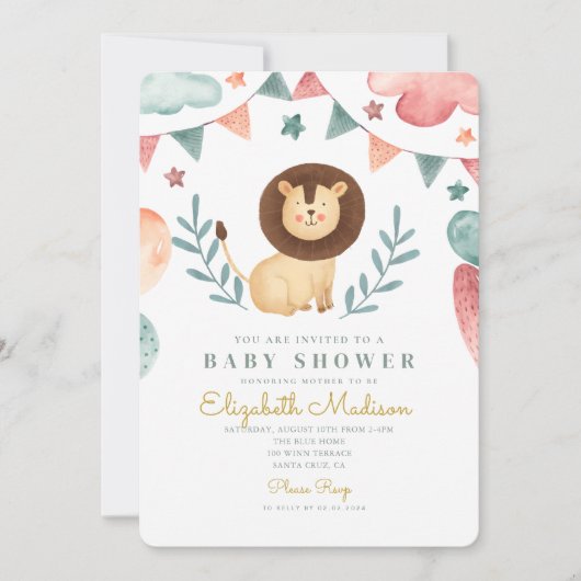 Invitation Baby shower de lions mignons d'aquarelle (Devant)