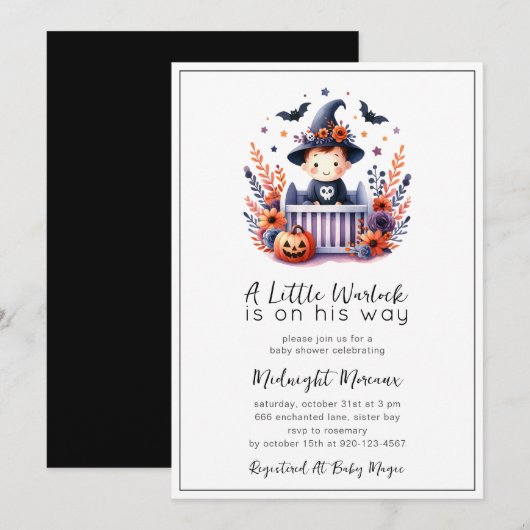 Invitation Baby shower de Little Warlock Halloween (Devant / Derrière)