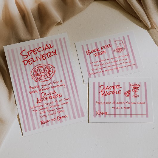Invitation Baby shower de livraison spécial Pizza Rose Dawn