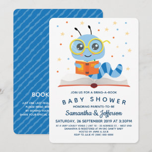 Invitation Baby shower de livre de ver de livre bleu