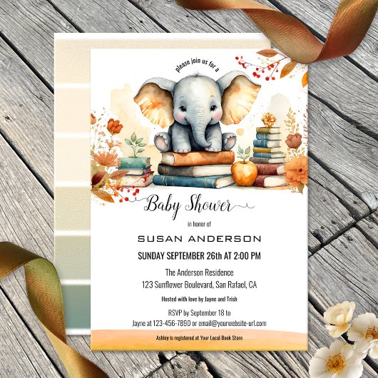 Invitation Baby shower de livres d'aquarelle Elephant
